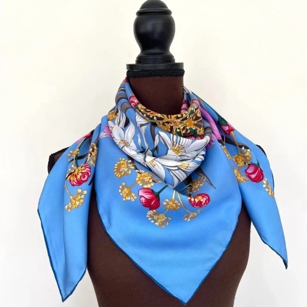 Salvatore Ferragamo Blue and Pink Floral Silk Scarf - Picture 7 of 15